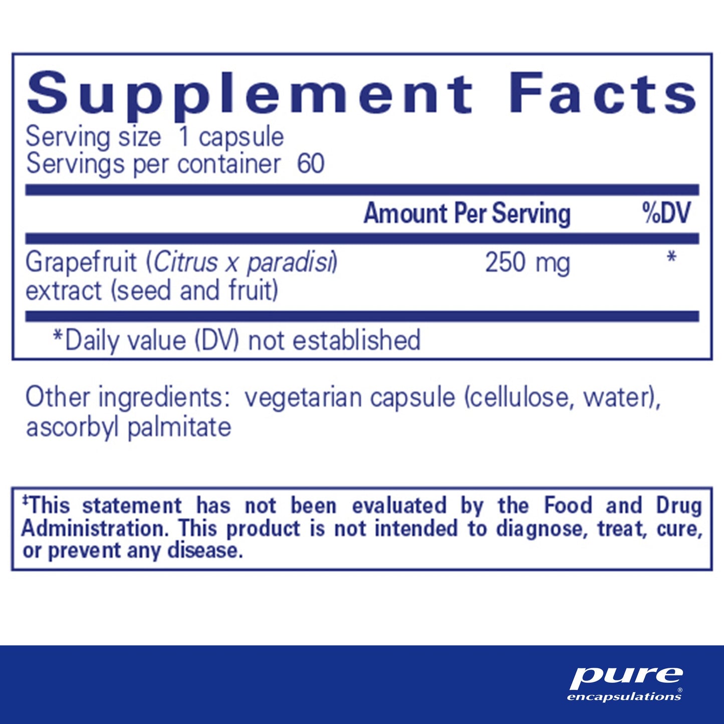 Supplement facts for a A bottle of Pure Encapsulations Grapefruit Seed Extract dietary supplement 