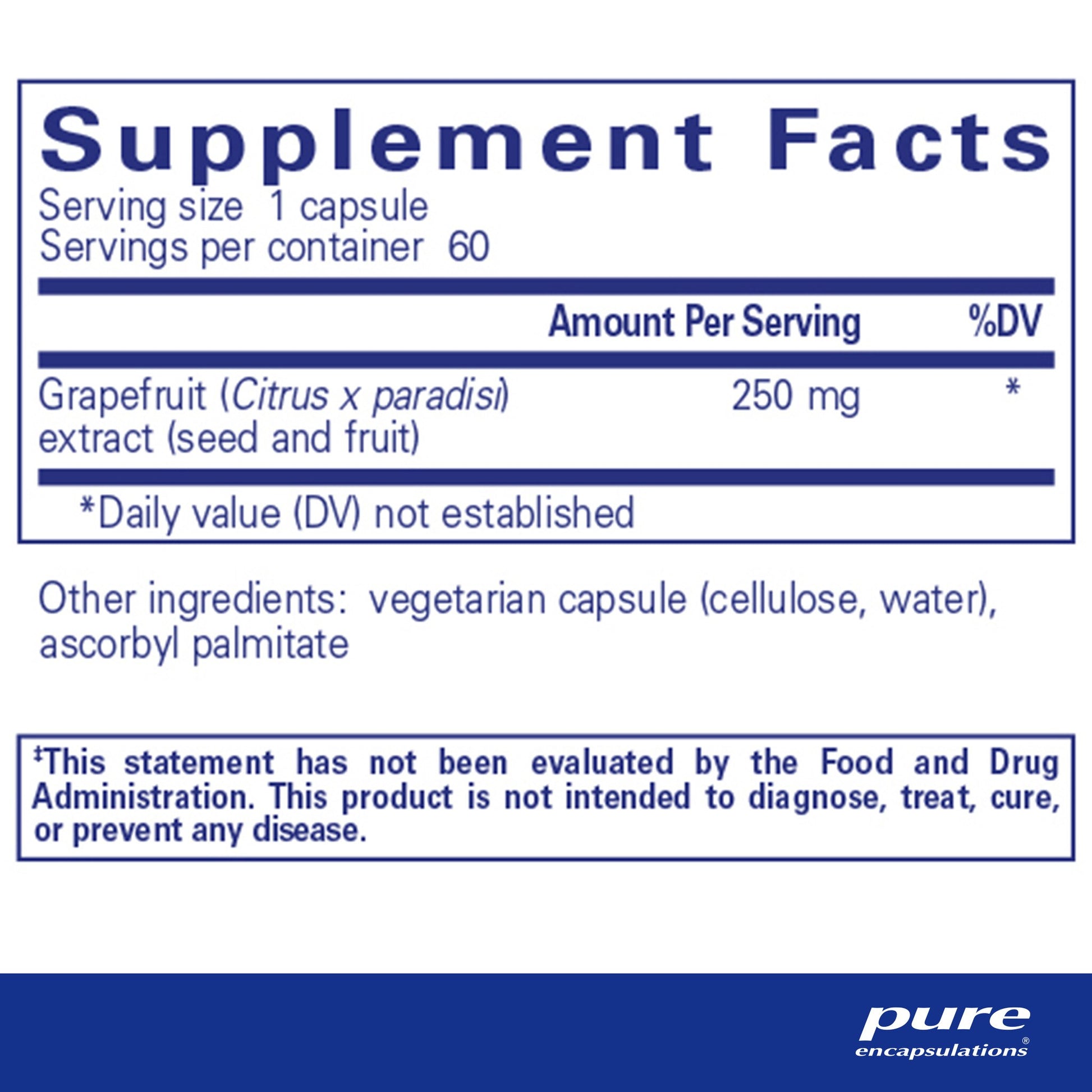 Supplement facts for a A bottle of Pure Encapsulations Grapefruit Seed Extract dietary supplement 