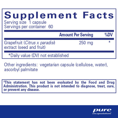 Supplement facts for a A bottle of Pure Encapsulations Grapefruit Seed Extract dietary supplement 