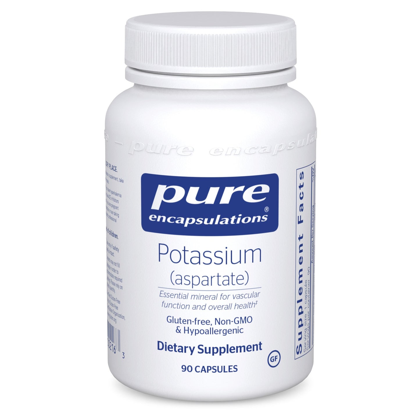 A bottle of Pure Encapsulations Potassium (aspartate) dietary supplement containing 90 capsules.