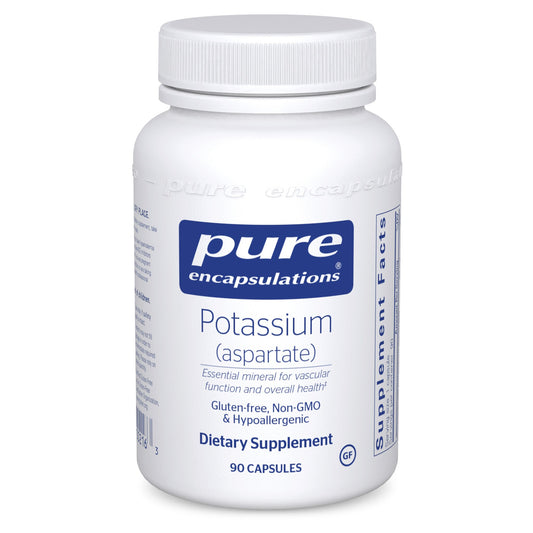 A bottle of Pure Encapsulations Potassium (aspartate) dietary supplement containing 90 capsules.