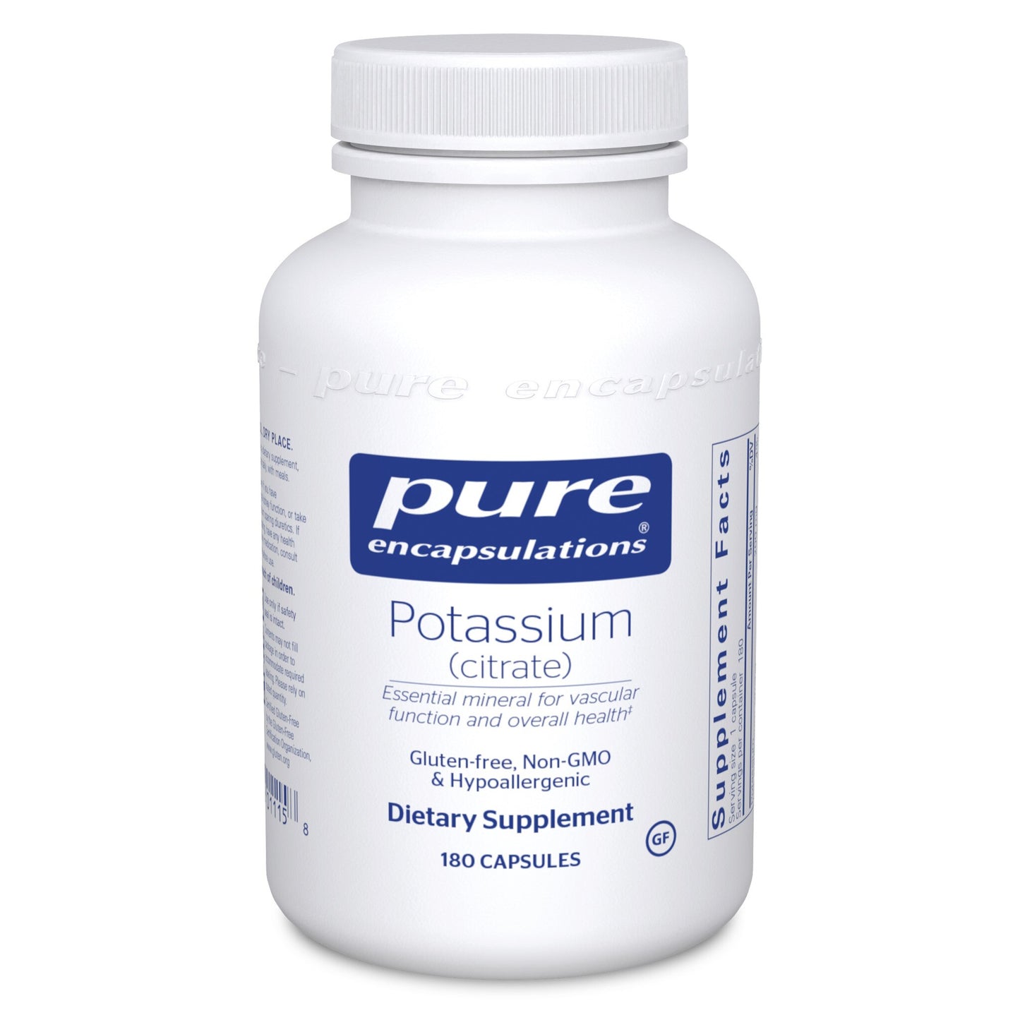 A bottle of Pure Encapsulations Potassium (citrate) dietary supplement containing 180 capsules.