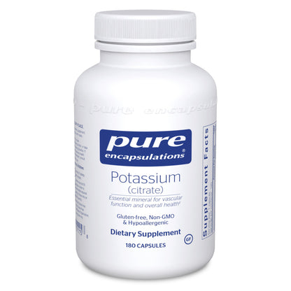 A bottle of Pure Encapsulations Potassium (citrate) dietary supplement containing 180 capsules.