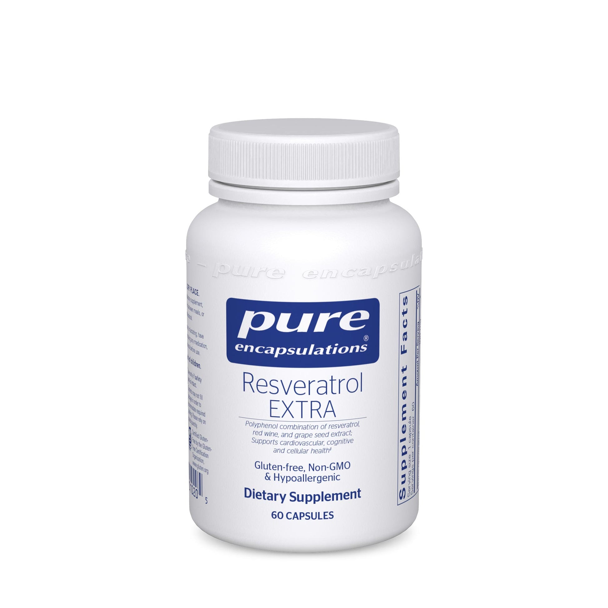 A bottle of Pure Encapsulations Resveratrol EXTRA dietary supplement containing 60 capsules.