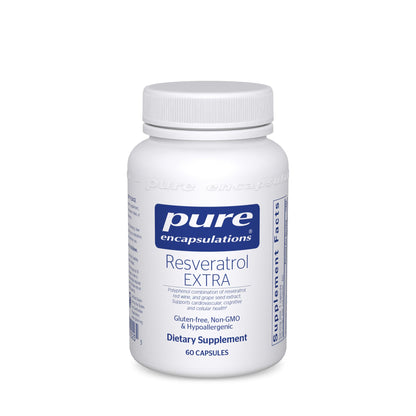 A bottle of Pure Encapsulations Resveratrol EXTRA dietary supplement containing 60 capsules.