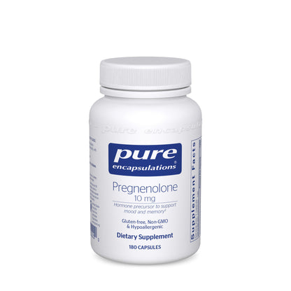 A bottle of Pure Encapsulations Pregnenolone 10 mg dietary supplement containing 180 capsules.