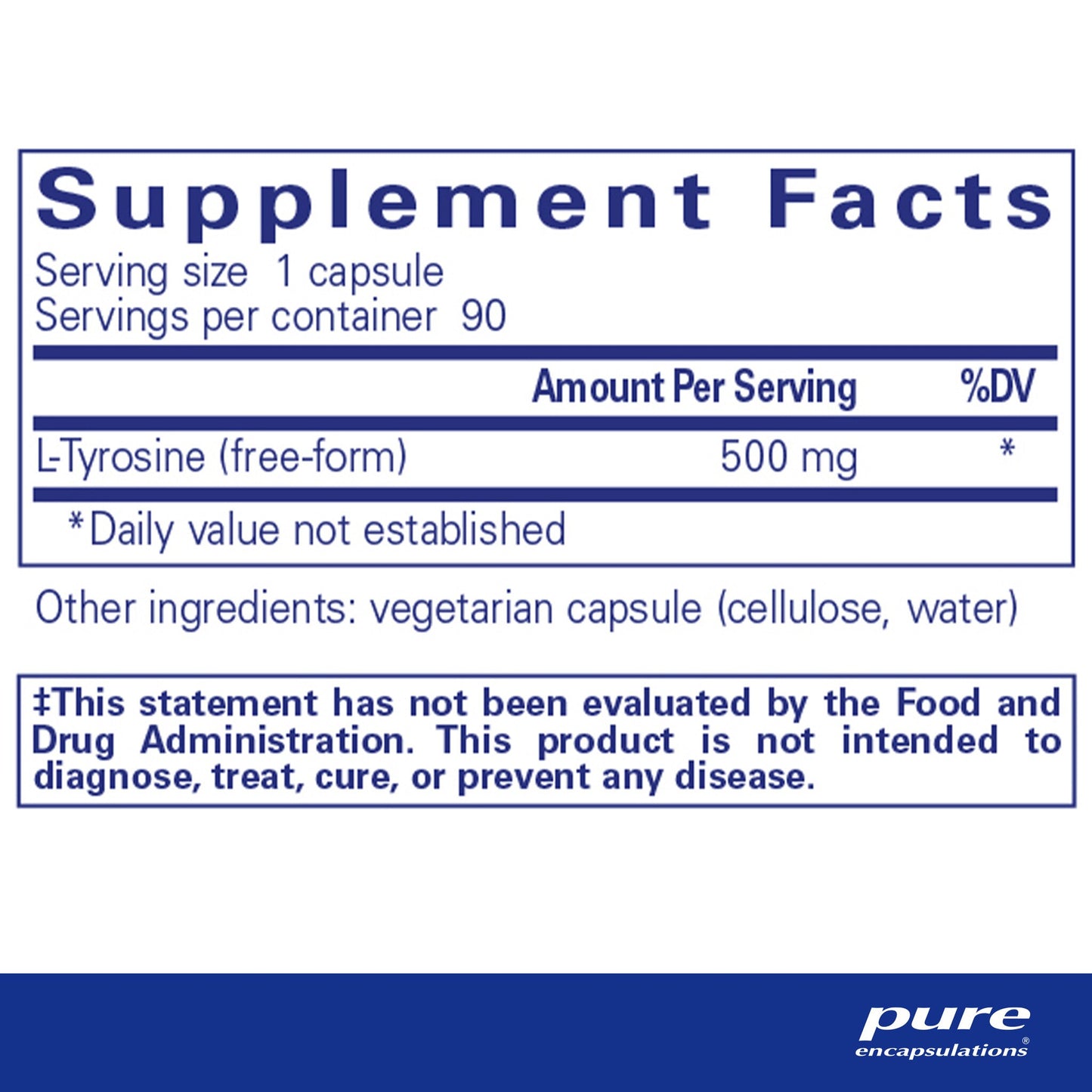 Supplement facts and ingredient information for a bottle of Pure Encapsulations l-Tyrosine dietary supplement 