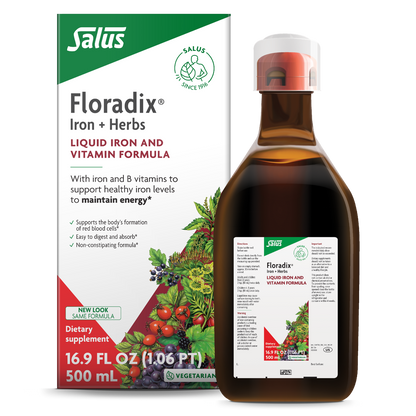 Packaging and bottle of Floradix Iron & Herbs liquid supplement, showing product name and details on a white background.