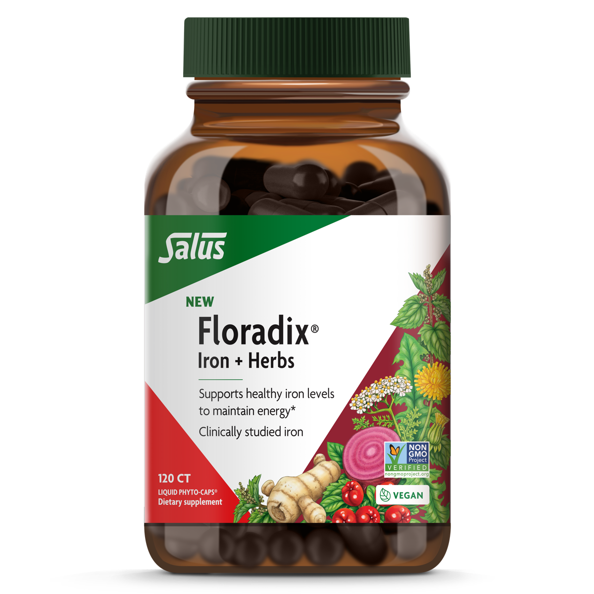 A bottle of Floradix Iron & Herbs LP Caps by Salus with 120 capsules. The label shows the product name, purpose, and additional information.