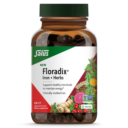 A bottle of Floradix Iron & Herbs LP Caps by Salus with 120 capsules. The label shows the product name, purpose, and additional information.