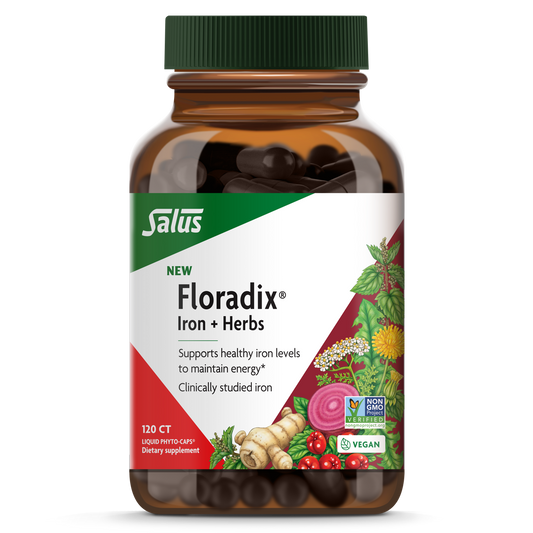 A bottle of Floradix Iron & Herbs LP Caps by Salus with 120 capsules. The label shows the product name, purpose, and additional information.