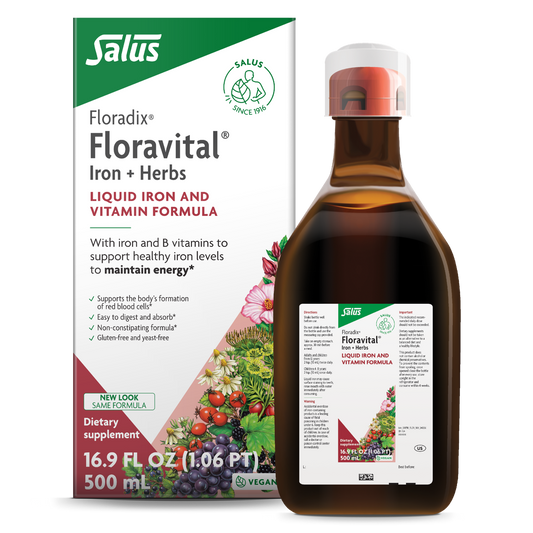 Packaging and bottle of Floradix Floravital Iron & Herbs liquid supplement, highlighting its vegan, iron-rich, and yeast-free properties.