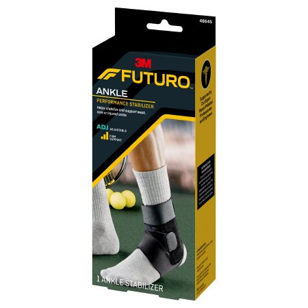 Packaging for 3M Futuro Ankle Stabilizer, showing the product in use on a person's ankle, with black color indicated and text highlights the product features.