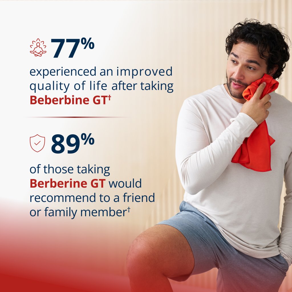 Man holding a red towel with health product usage statistics on a beige background