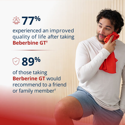Man holding a red towel with health product usage statistics on a beige background