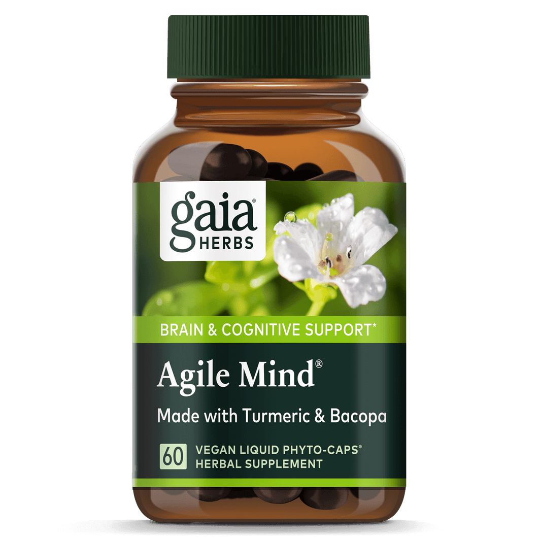 A bottle of Gaia Herbs Agile Mind brain support supplement, featuring 60 vegan liquid phytocaps. The label shows the product name and mentions it is made with turmeric and bacopa.
