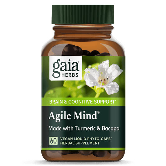 A bottle of Gaia Herbs Agile Mind brain support supplement, featuring 60 vegan liquid phytocaps. The label shows the product name and mentions it is made with turmeric and bacopa.