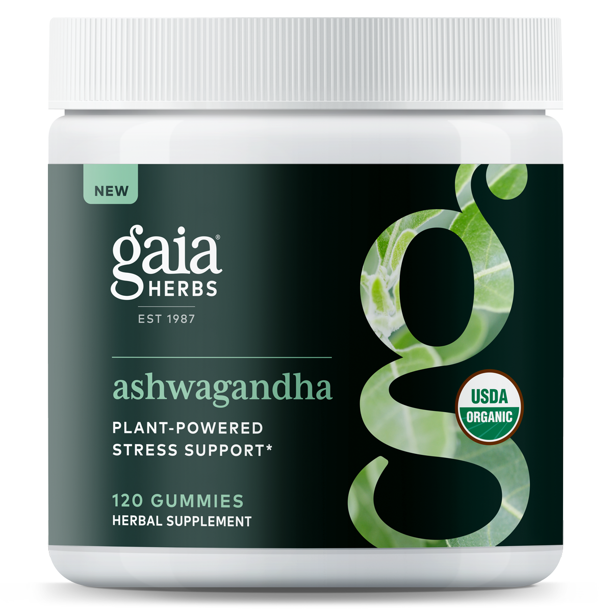 A bottle of Gaia Ashwagandha Gummies, with a label indicating that they are plant-powered stress support, 120 count, and USDA organic certified.