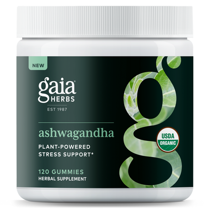 A bottle of Gaia Ashwagandha Gummies, with a label indicating that they are plant-powered stress support, 120 count, and USDA organic certified.