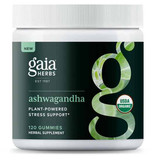 A bottle of Gaia Ashwagandha Gummies, with a label indicating that they are plant-powered stress support, 120 count, and USDA organic certified.