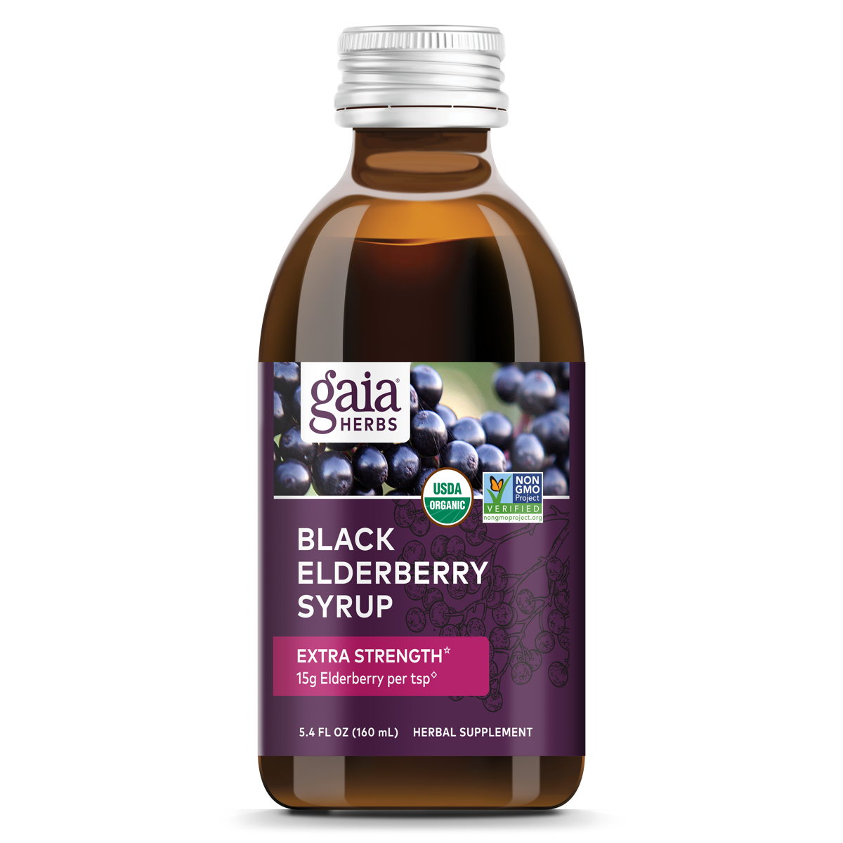 A bottle of Gaia Black Elderberry Syrup with a purple label, indicating extra strength and the equivalent of 15g of elderberries per serving.