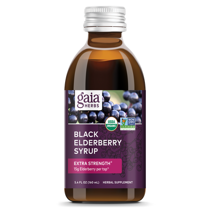 A bottle of Gaia Black Elderberry Syrup with a purple label, indicating extra strength and the equivalent of 15g of elderberries per serving.