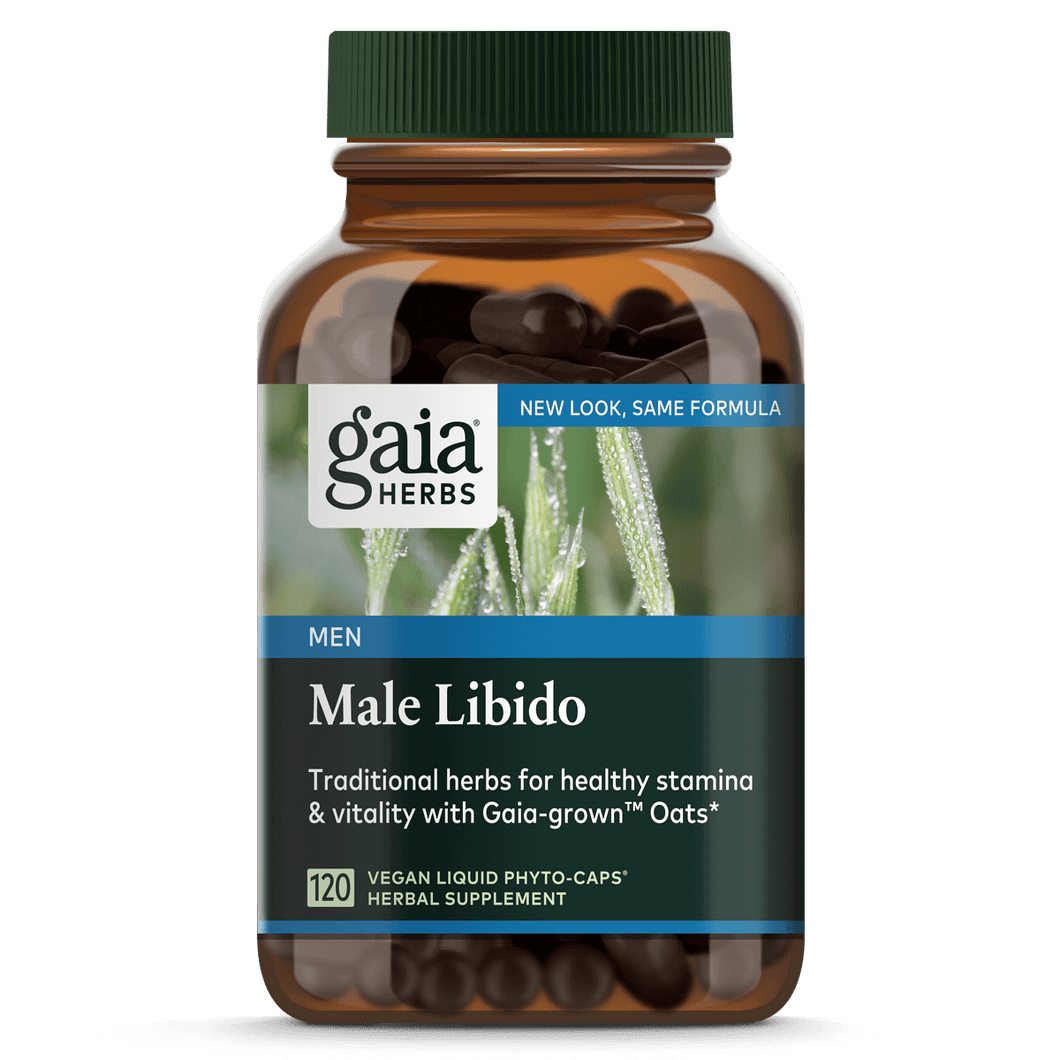 This image features the packaging of Gaia Male Libido, a dietary supplement designed to support healthy libido and stamina. The bottle is made of clear glass with a blue label that highlights the product's natural and wholesome ingredients.