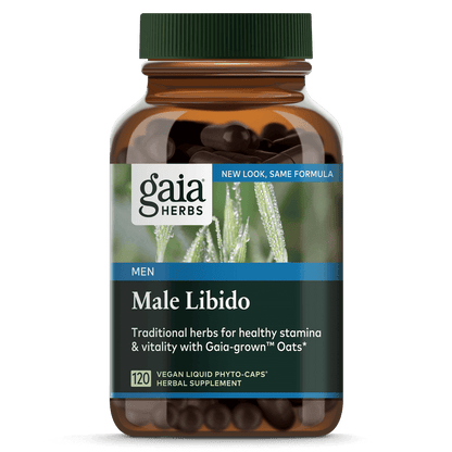 This image features the packaging of Gaia Male Libido, a dietary supplement designed to support healthy libido and stamina. The bottle is made of clear glass with a blue label that highlights the product's natural and wholesome ingredients.