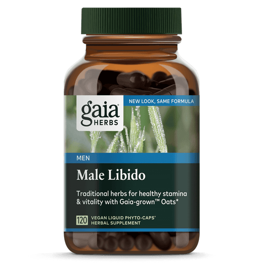 This image features the packaging of Gaia Male Libido, a dietary supplement designed to support healthy libido and stamina. The bottle is made of clear glass with a blue label that highlights the product's natural and wholesome ingredients.