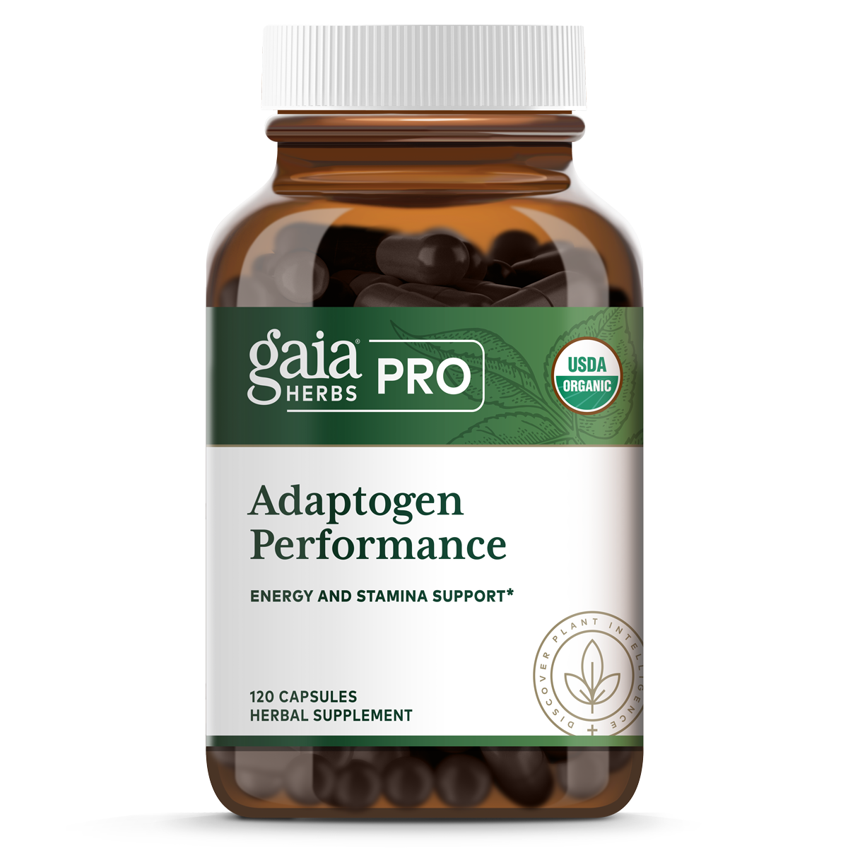 A bottle of Gaia Herbs Pro Adaptogen Performance, which contains 120 capsules for energy and stamina support.