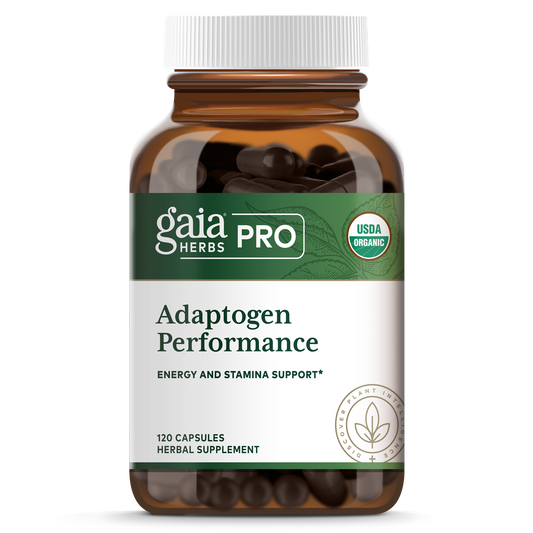 A bottle of Gaia Herbs Pro Adaptogen Performance, which contains 120 capsules for energy and stamina support.