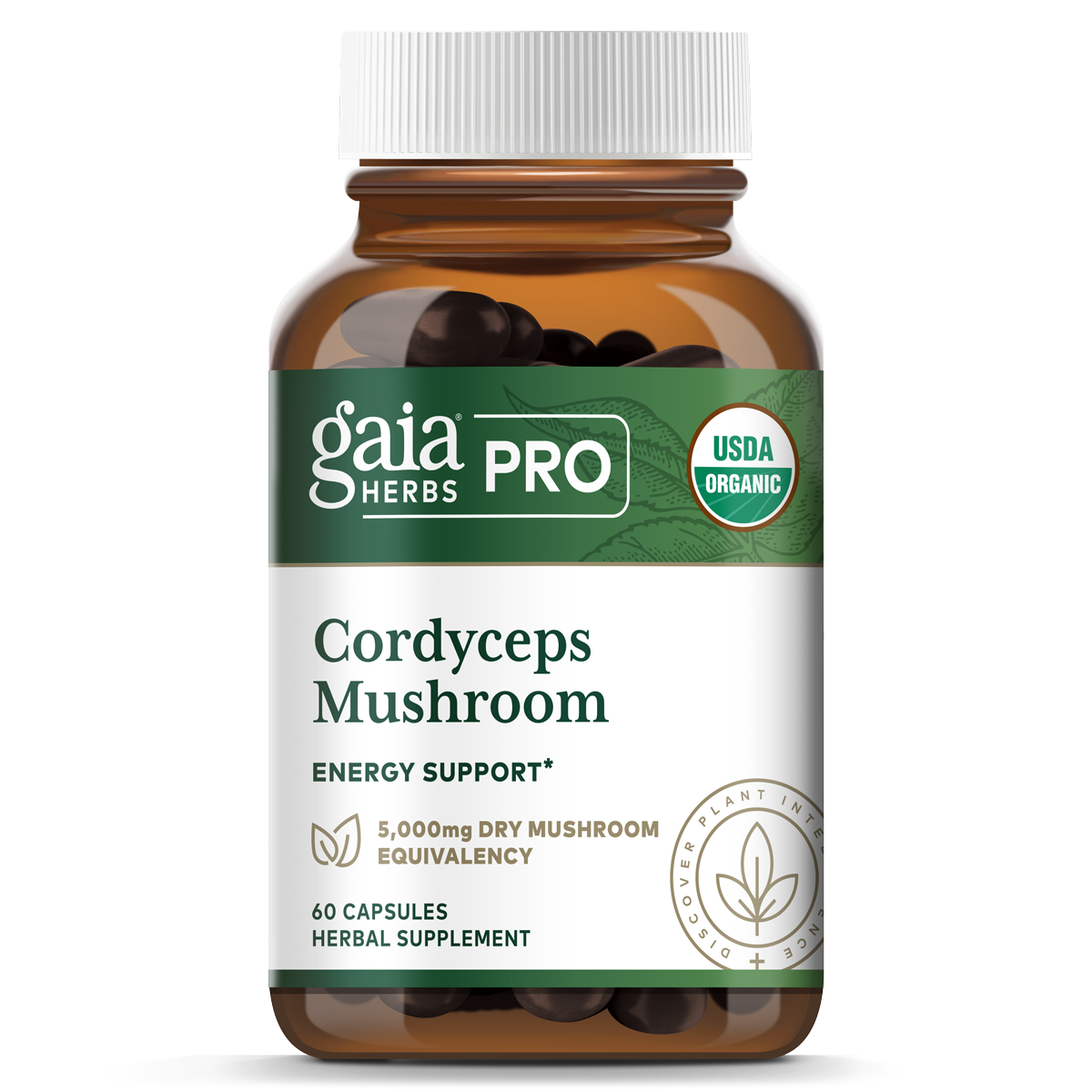 A bottle of Gaia Cordyceps Mushroom supplement with 60 capsules, marked as USDA organic.