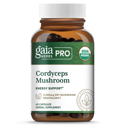 A bottle of Gaia Cordyceps Mushroom supplement with 60 capsules, marked as USDA organic.