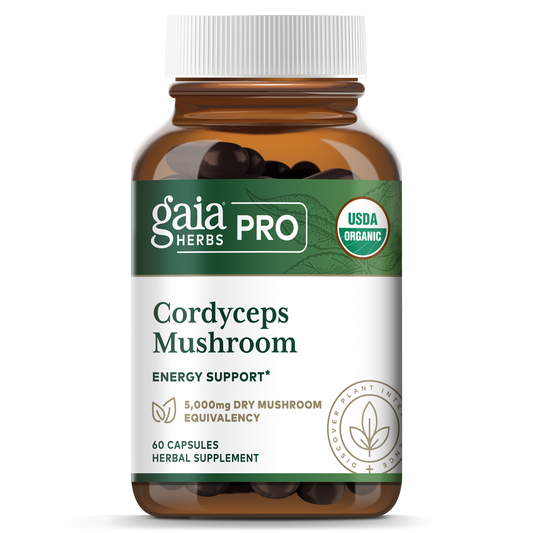 A bottle of Gaia Cordyceps Mushroom supplement with 60 capsules, marked as USDA organic.