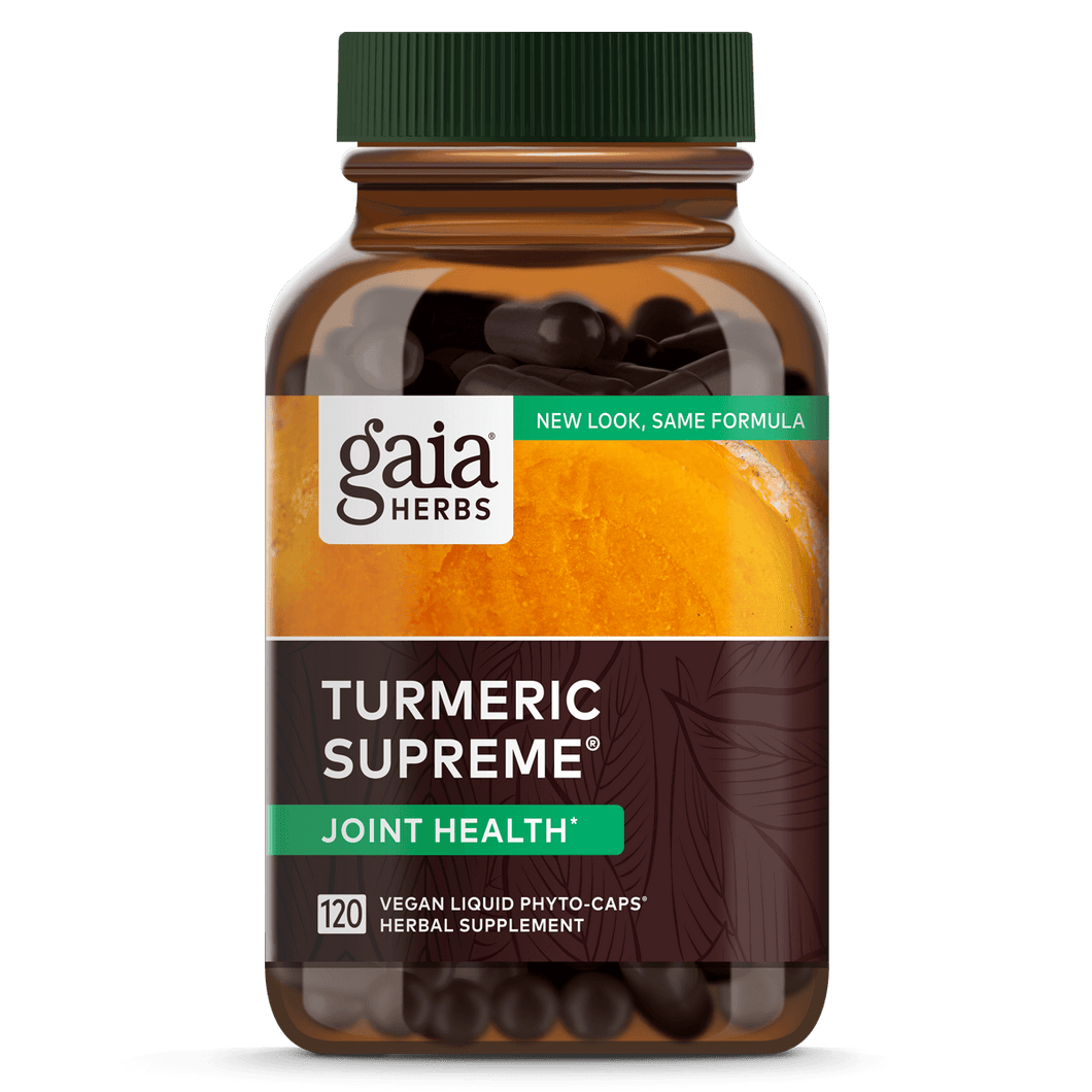 A bottle of Gaia Turmeric Supreme Joint capsules, with a label indicating it supports joint health and has 120 capsules inside.
