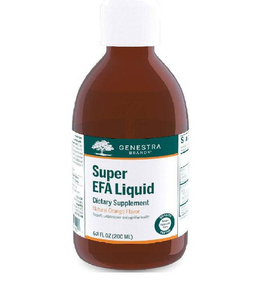 A bottle of Genestra Brands Super EFA Liquid dietary supplement in orange flavor, 6.8 fl oz.