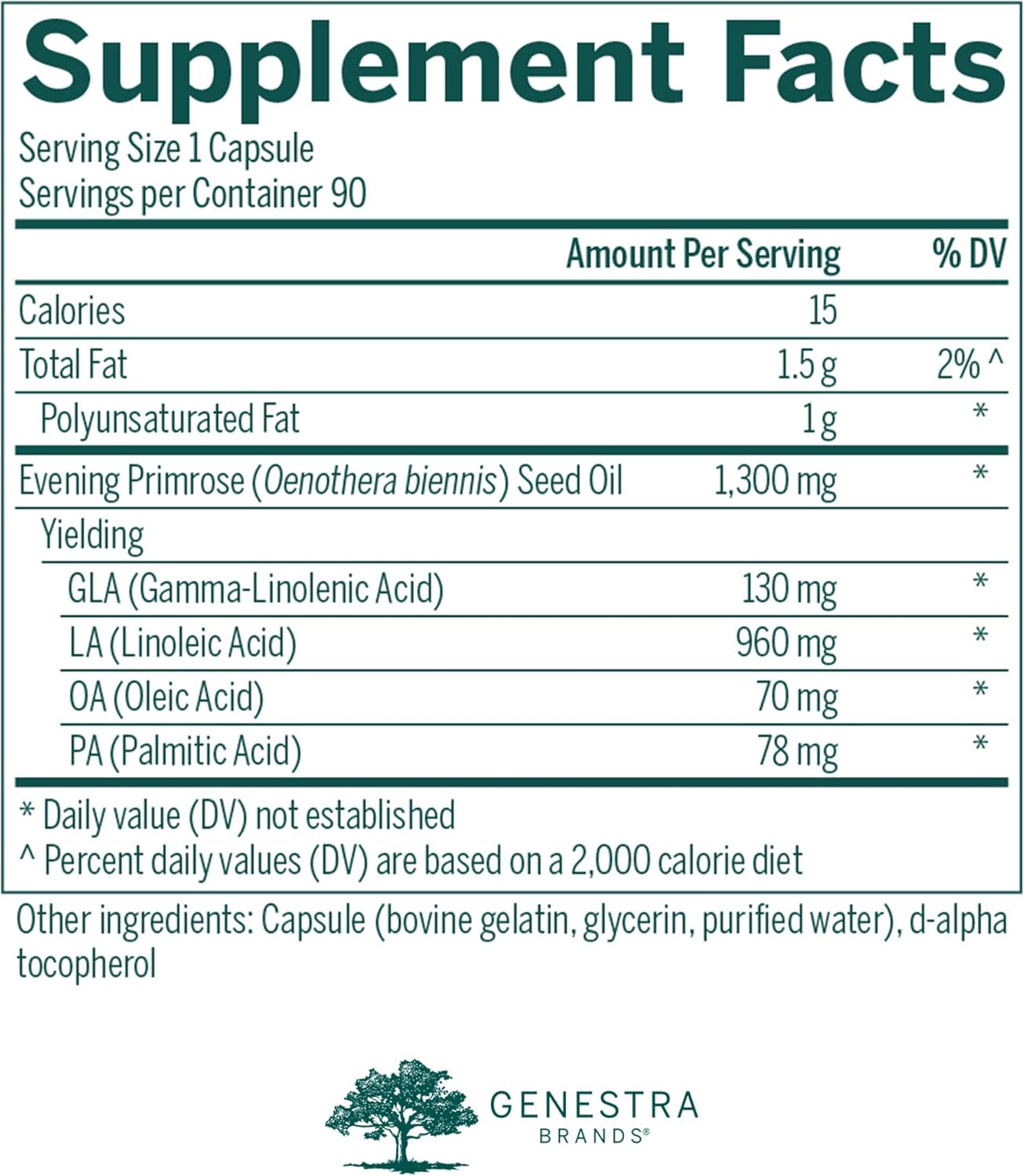 Supplement facts for a bottle of Genestra Brands GLA 130 Primrose Oil dietary supplement