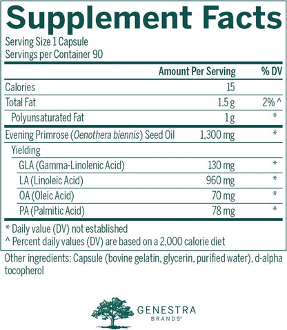 Supplement facts for a bottle of Genestra Brands GLA 130 Primrose Oil dietary supplement