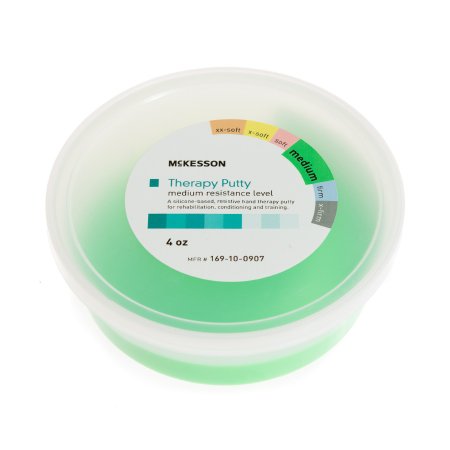 Container of McKesson Therapy Putty at medium resistance level, 2 oz size, with color-coding indicators.