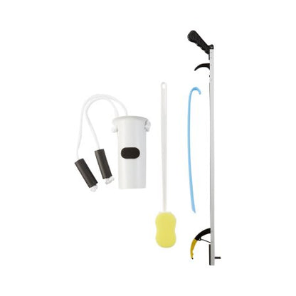 Set of daily living aid tools including a long handle with attachments on a white background