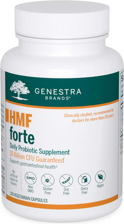 A bottle of Genestra Brands HMF Forte, a daily probiotic supplement.