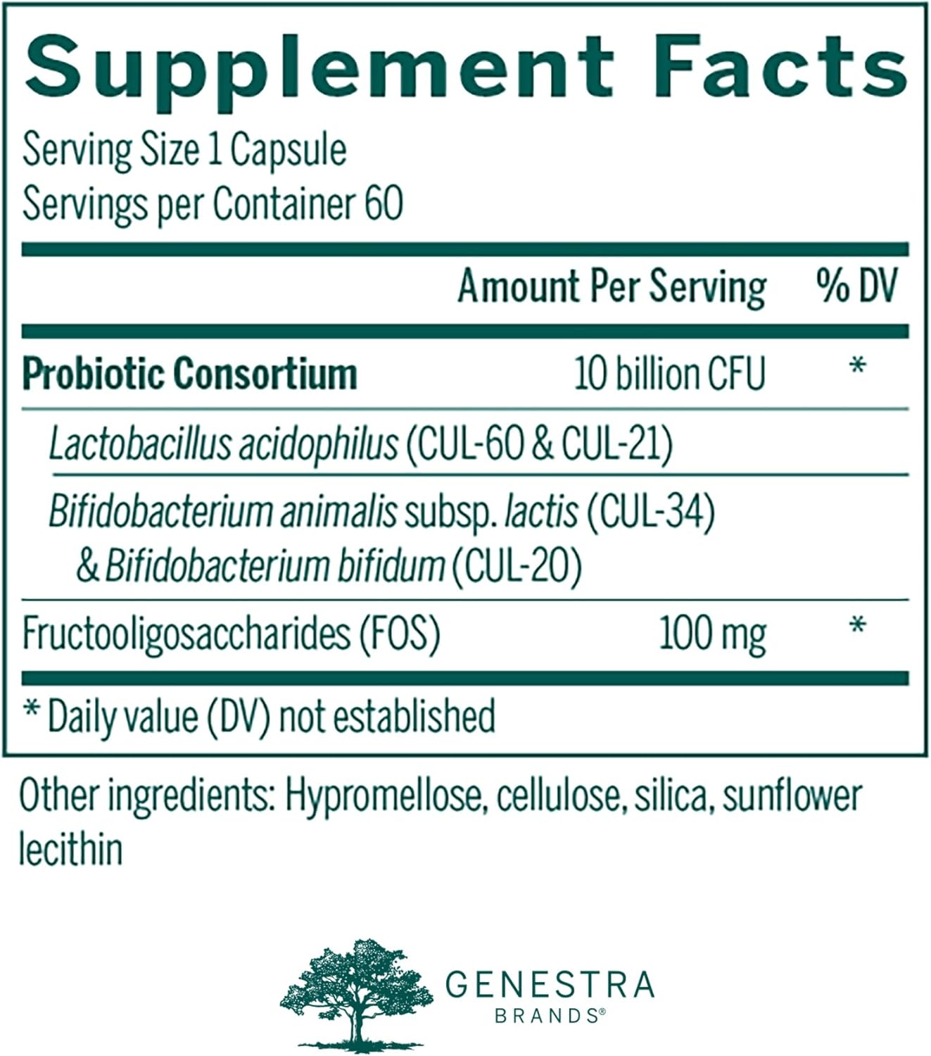 Supplement facts for a bottle of Genestra Brands HMF Forte, a daily probiotic supplemen