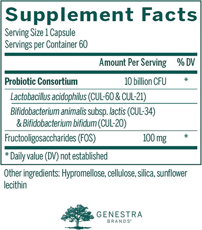 Supplement facts for a bottle of Genestra Brands HMF Forte, a daily probiotic supplemen