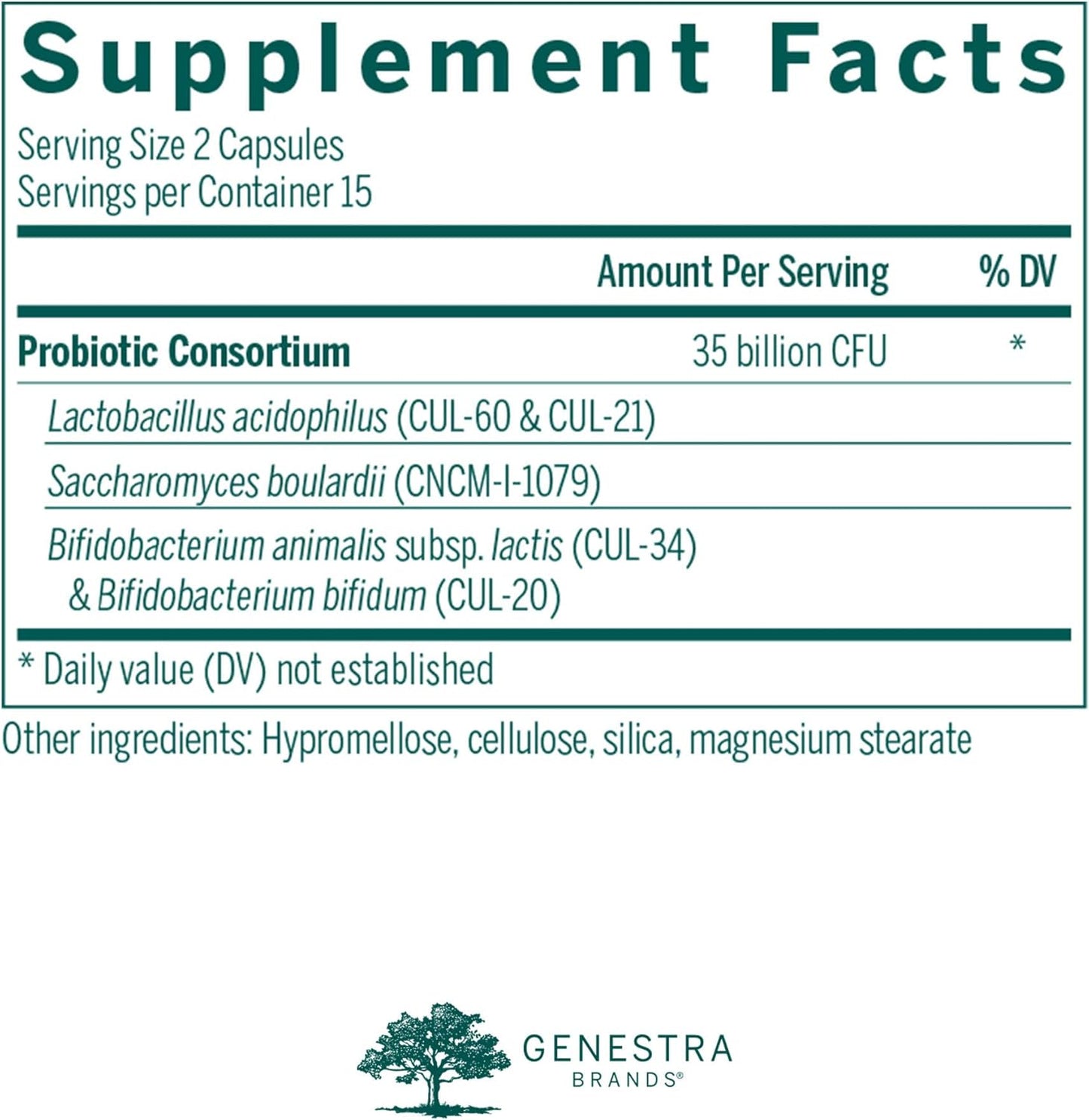 Supplement facts for a box of Genestra Labs HMF Travel probiotic supplement 