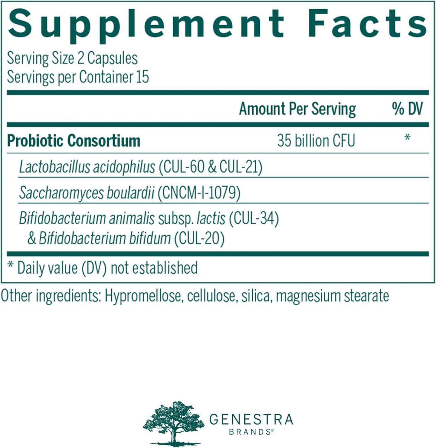 Supplement facts for a box of Genestra Labs HMF Travel probiotic supplement 
