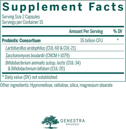 Supplement facts for a box of Genestra Labs HMF Travel probiotic supplement 