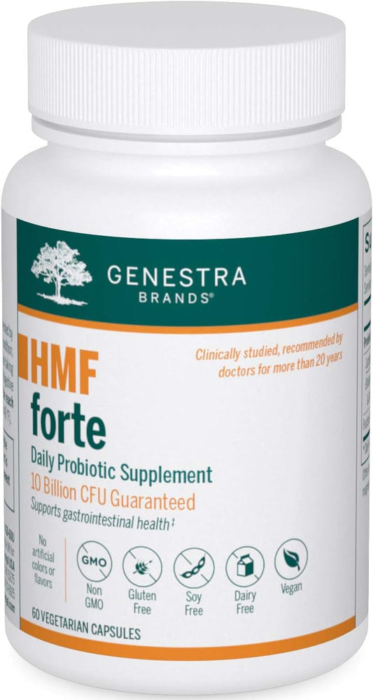 A bottle of Genestra Brands HMF Forte, a daily probiotic supplement.