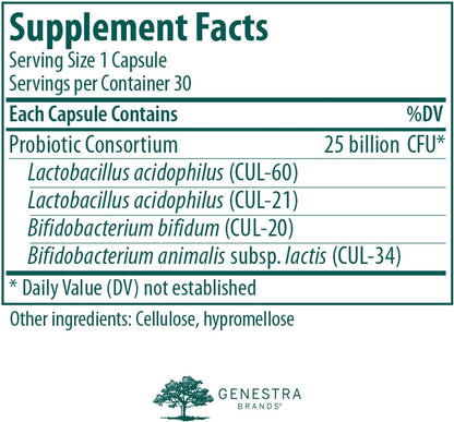 Supplement facts for a box of Genestra Labs HMF Intensive probiotic supplement 