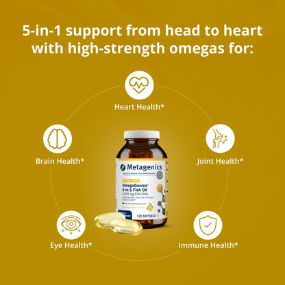 A picture of a Metagenics Omegagenics bottle with the words "5 in 1 support from head to heart with high-strengeth omegas for: Eye, Brain, Heart, Joint, and Immune Health.  