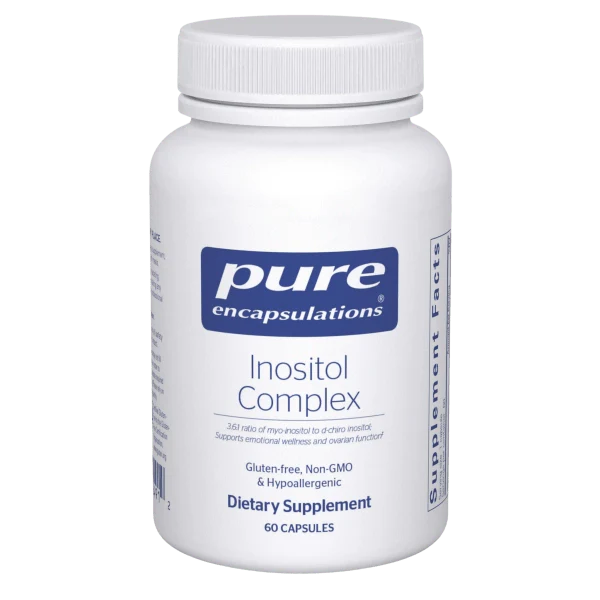 A bottle of Pure Encapsulations Inositol Complex dietary supplement with 60 capsules.